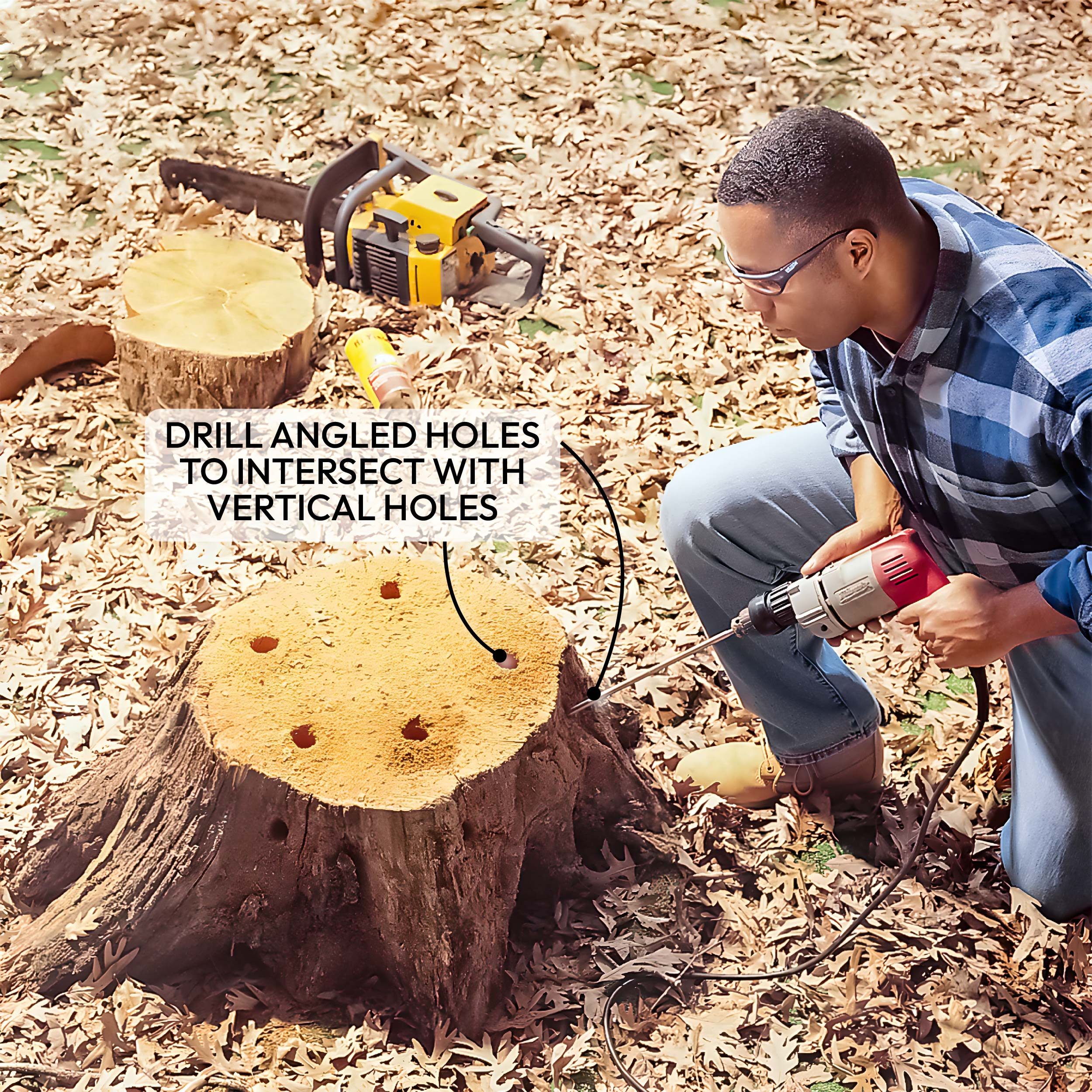 A man drills angled holes into a tree stump surrounded by fallen leaves, using a power drill next to a chainsaw. Text instructs on drilling technique.