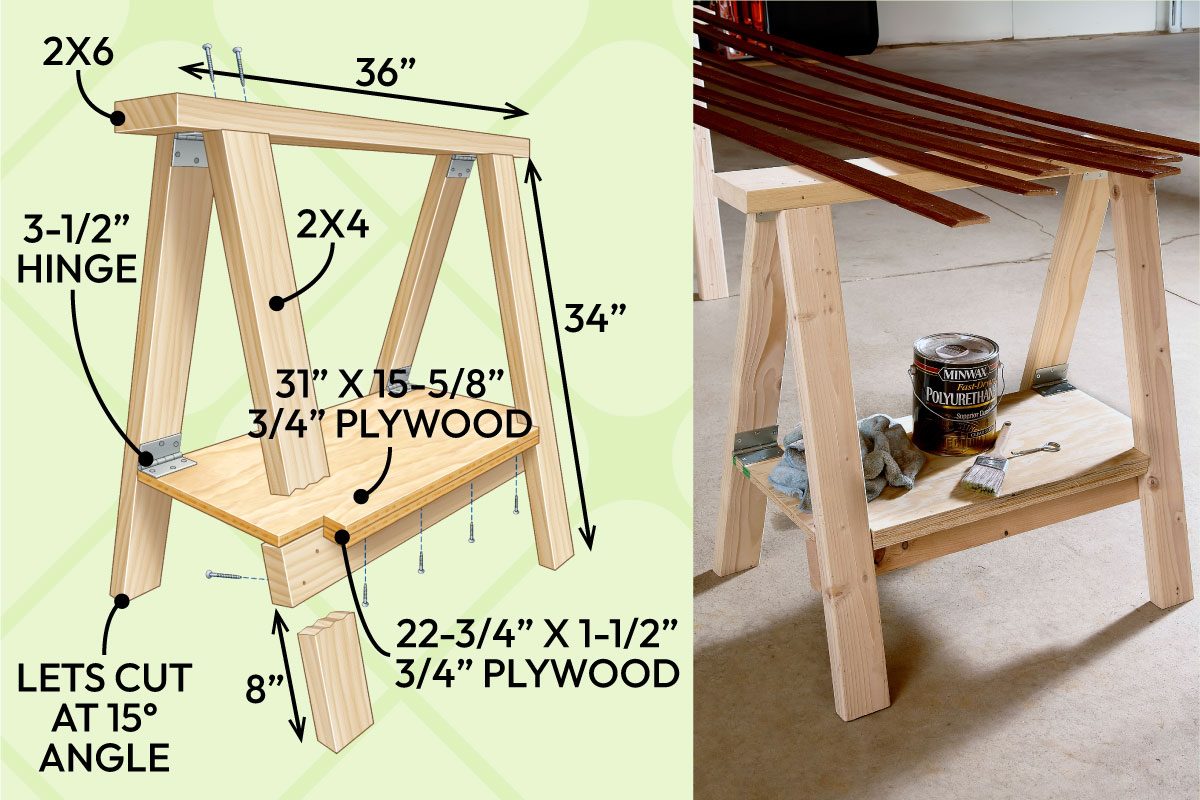 A Collapsible Sawhorse With A Built In Shelfs