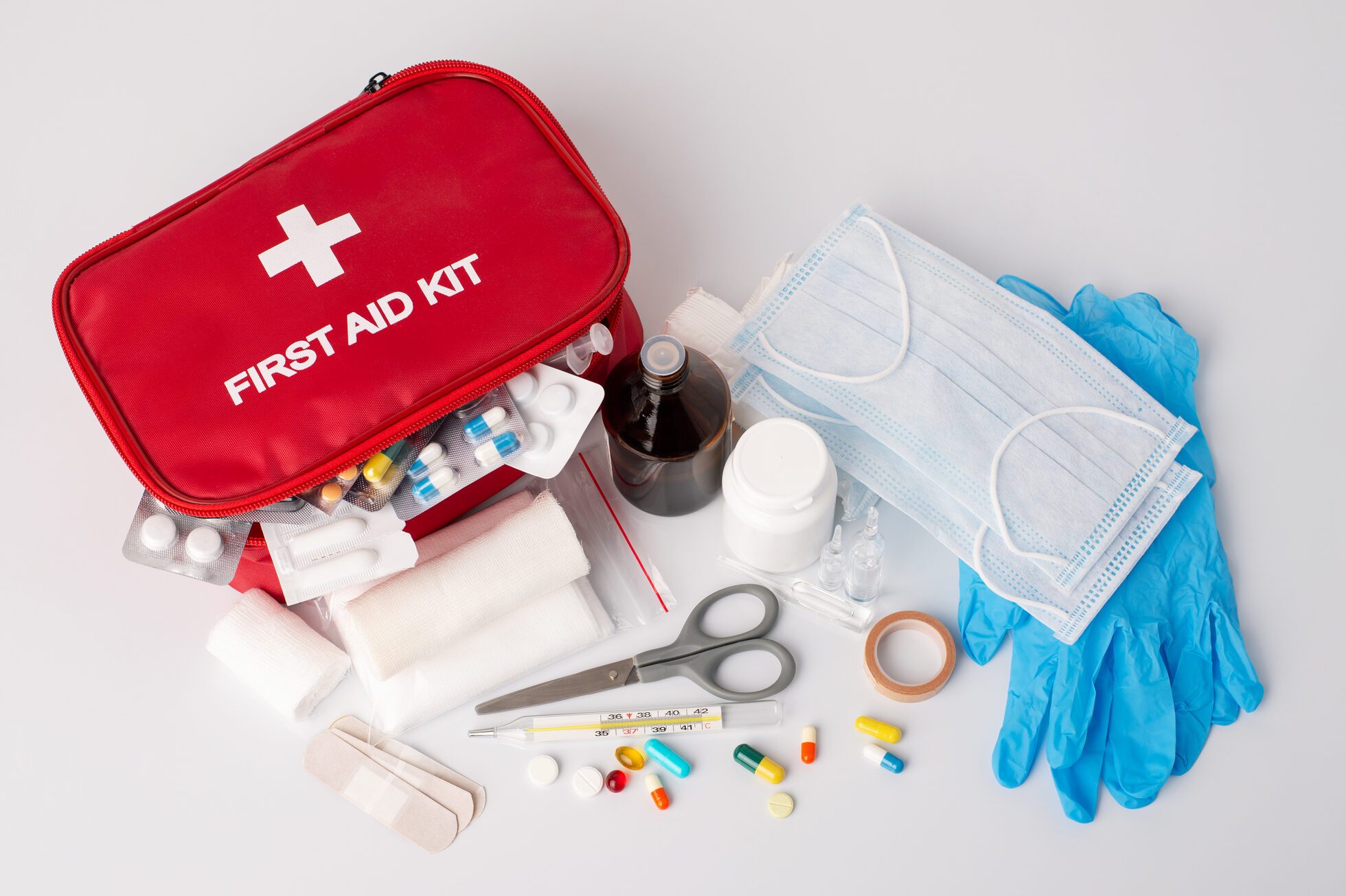 Full first aid kit on white background