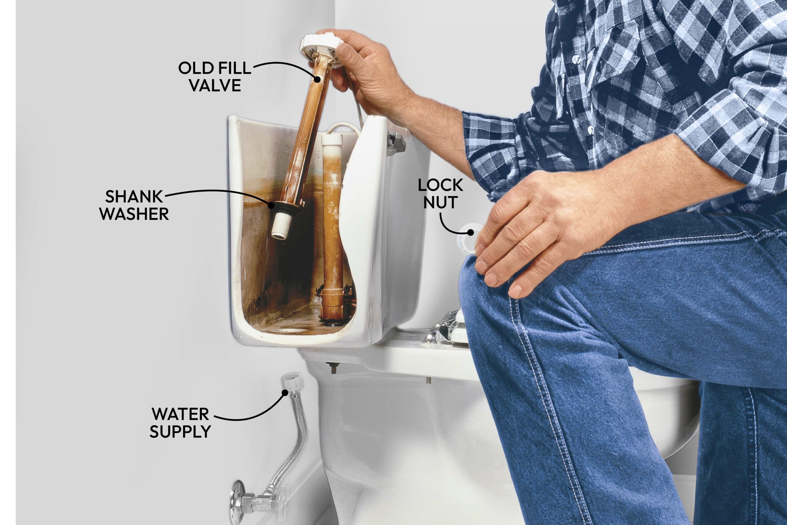 A person repairs a toilet's fill valve inside the tank, with various components labeled, in a bathroom with a blue wall and visible plumbing.