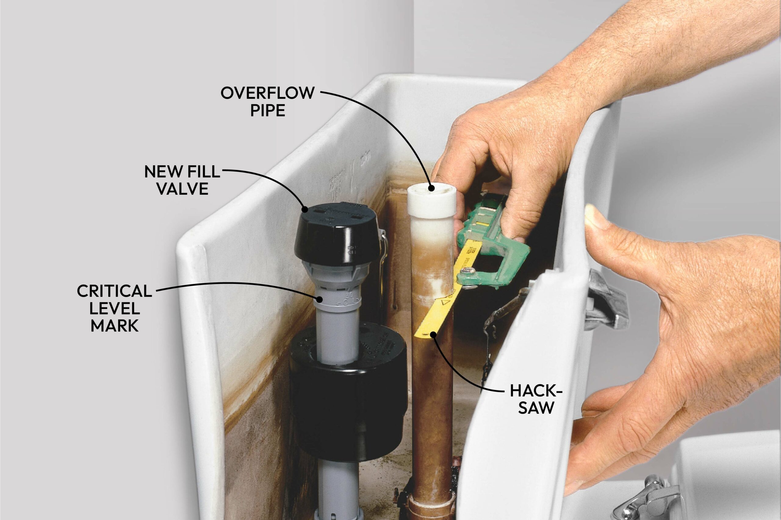 A hand adjusts the overflow pipe inside a toilet tank, near components like a new fill valve and a hacksaw in a bathroom setting.