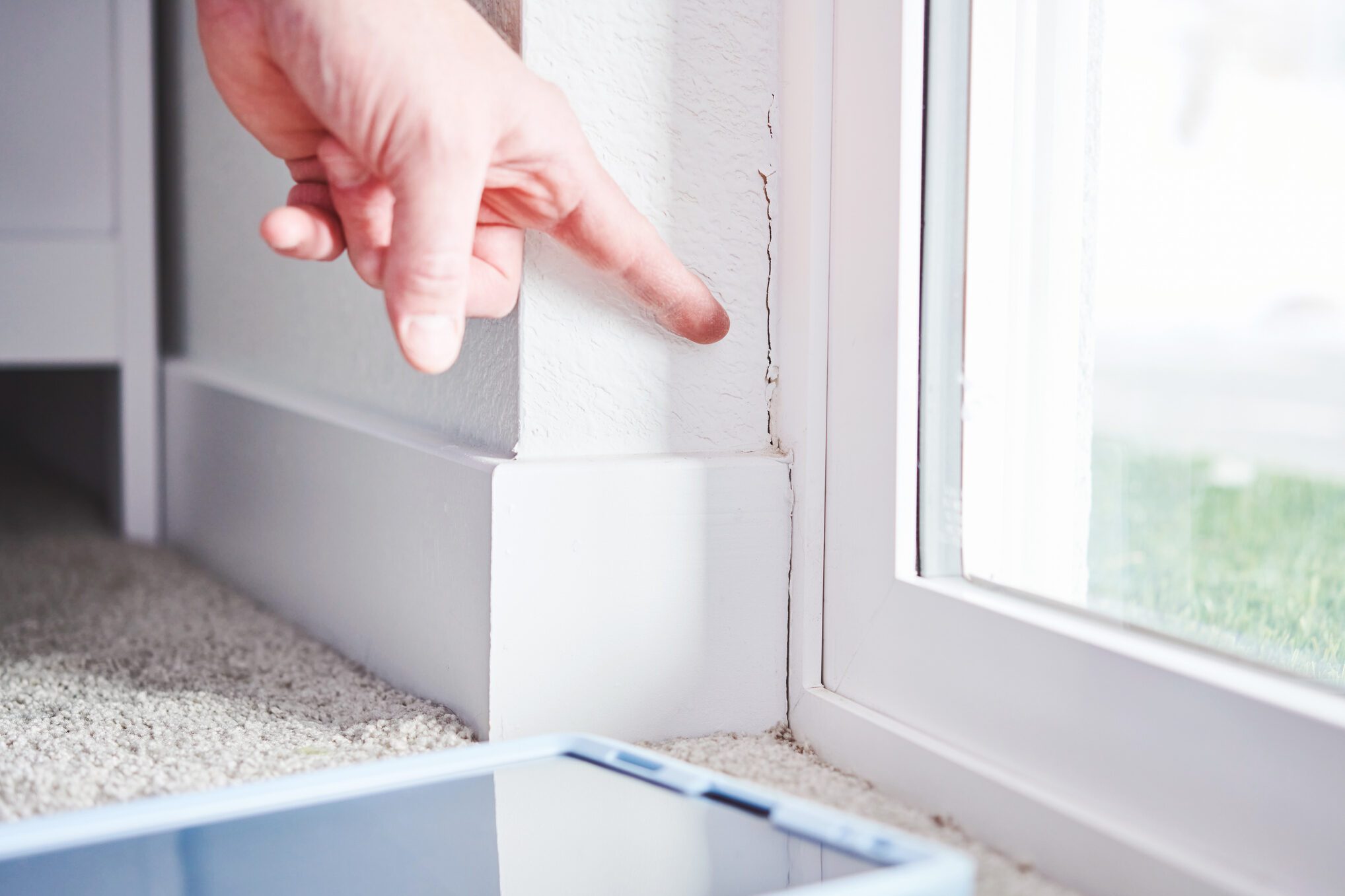 Male home inspector pointing at a crack in the basement wall of a residential property during a home inspection