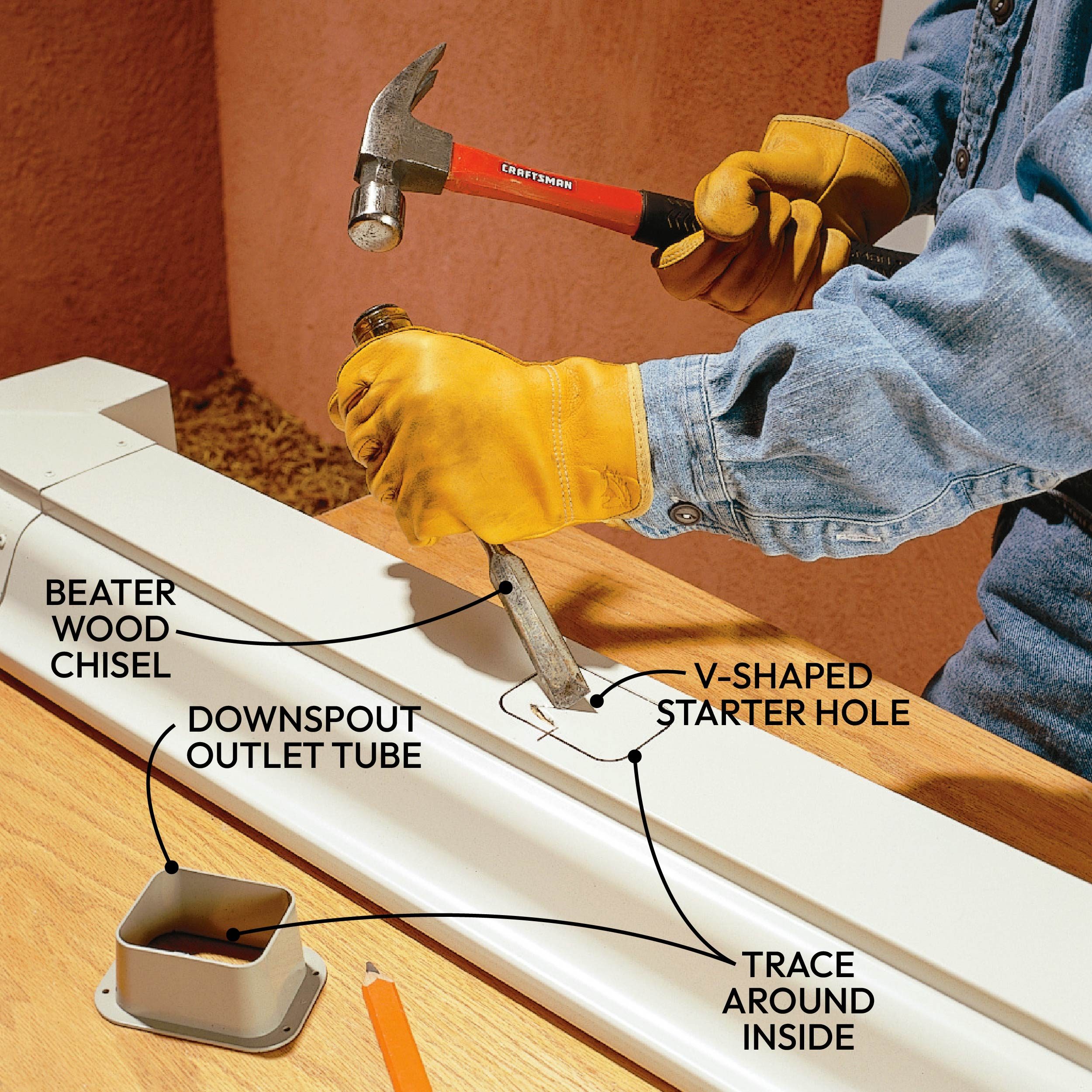 A gloved hand uses a chisel and hammer to create a V-shaped starter hole in a white piece of material, positioned on a wooden surface.