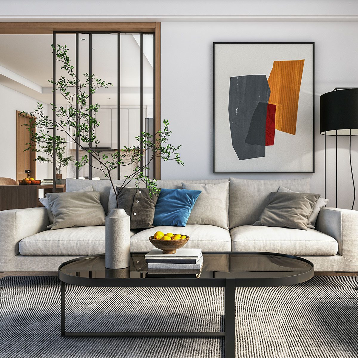 Living room interior design- white and brown colored furniture and wooden elements