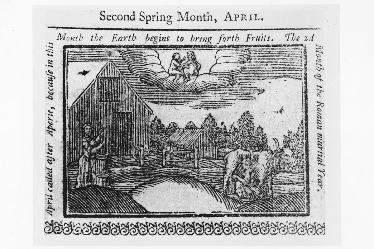 An Engraving from a Almanac for 1761 showing Farmers in the Field in the Month of April published circa 1760