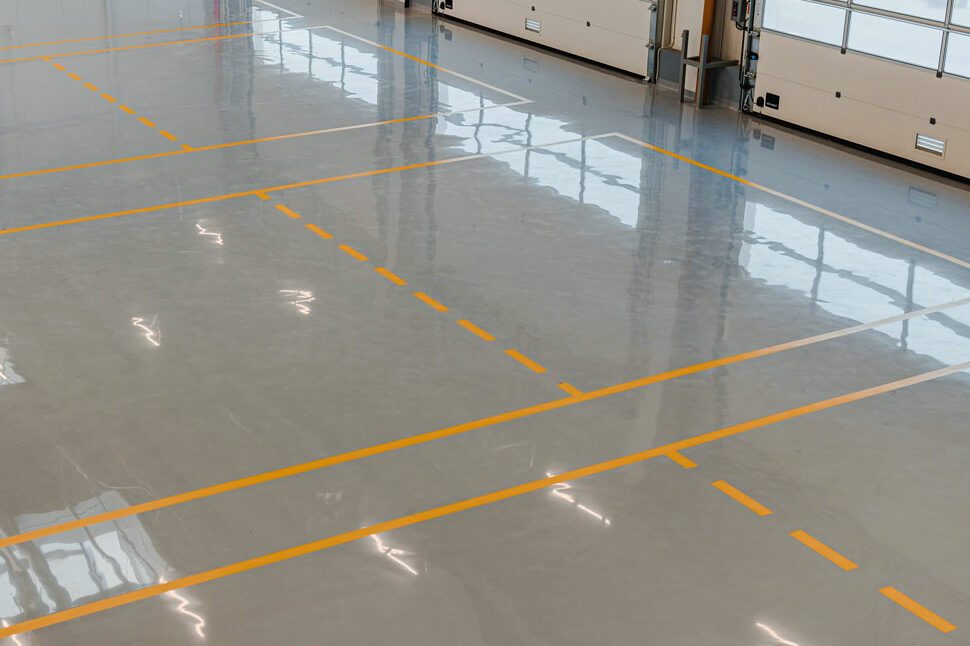 Epoxy And Waxed Flooring With Colorful Signage In Car Service