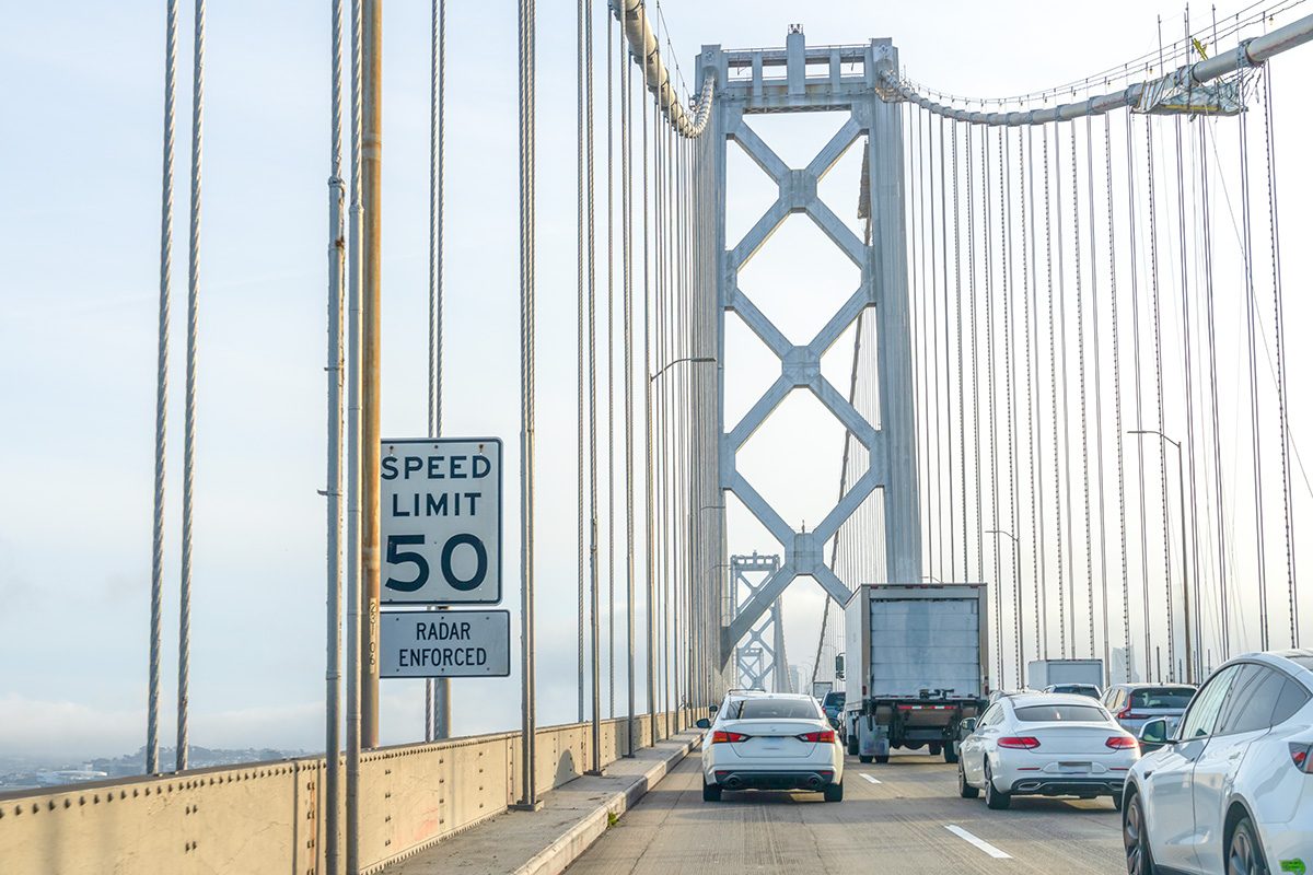 Traffic on a bridge with a speed limit of 50 and radar enforced