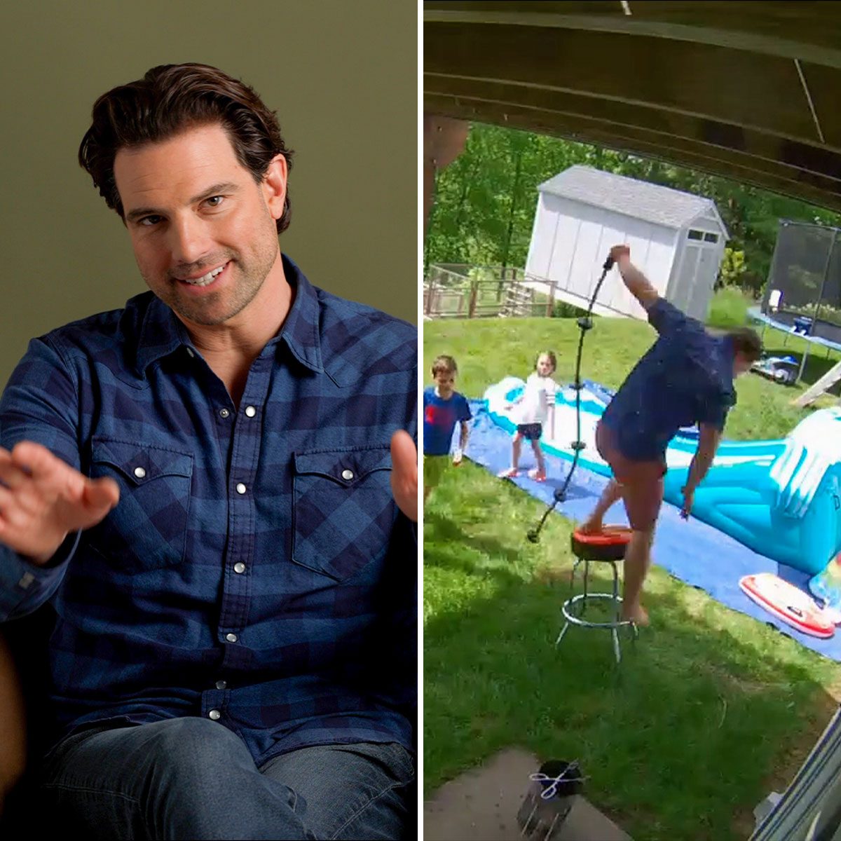 Side by side images of scott (Left) and a person falling off from the stool (Right)