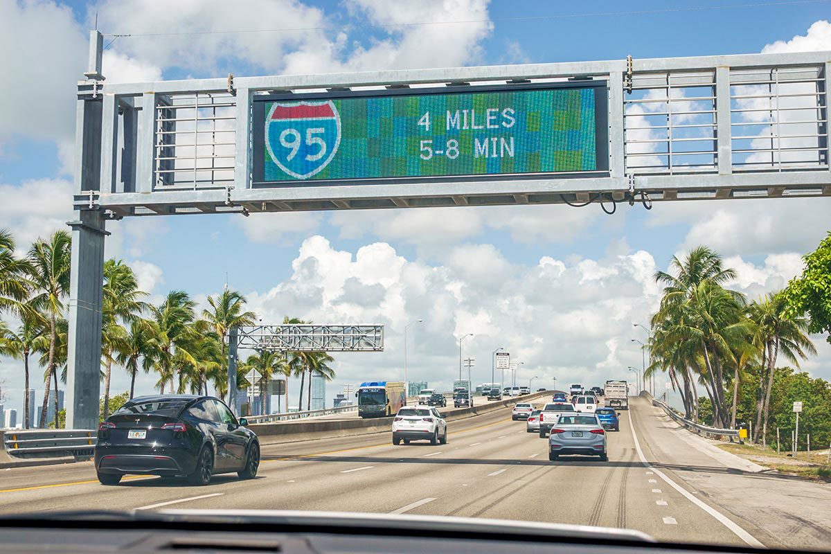 Miami Beach, Florida, Interstate highway I-195, Julia Tuttle Causeway Artificial Reef, road traffic, LED display sign