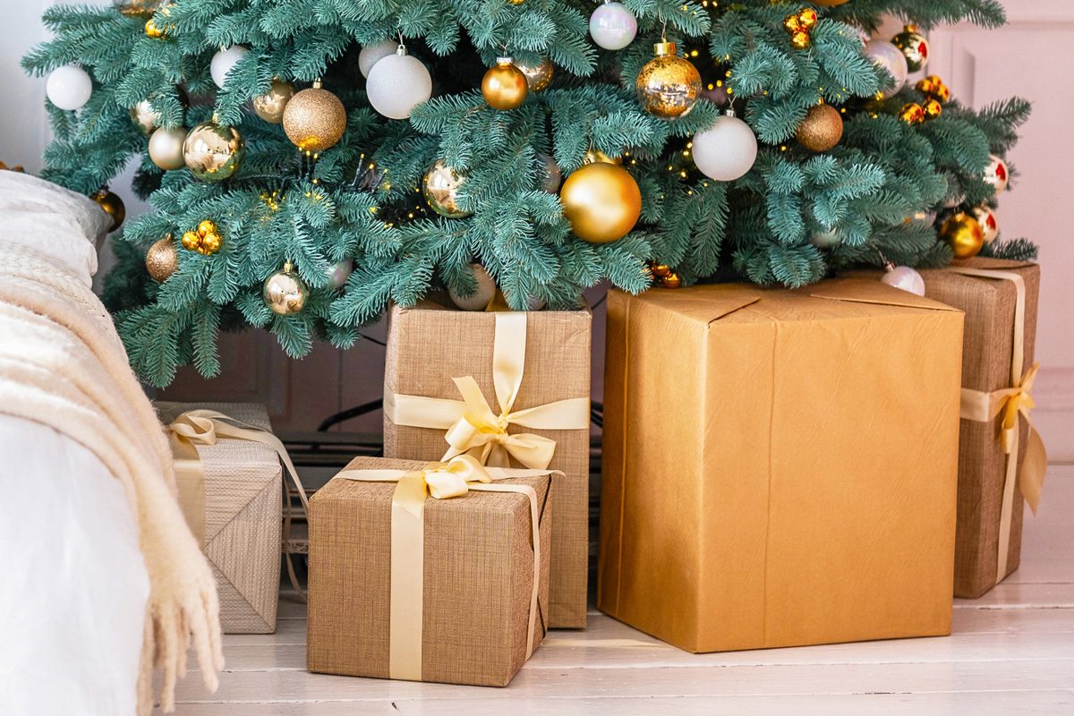 christmas tree surrounded by large heavy boxes