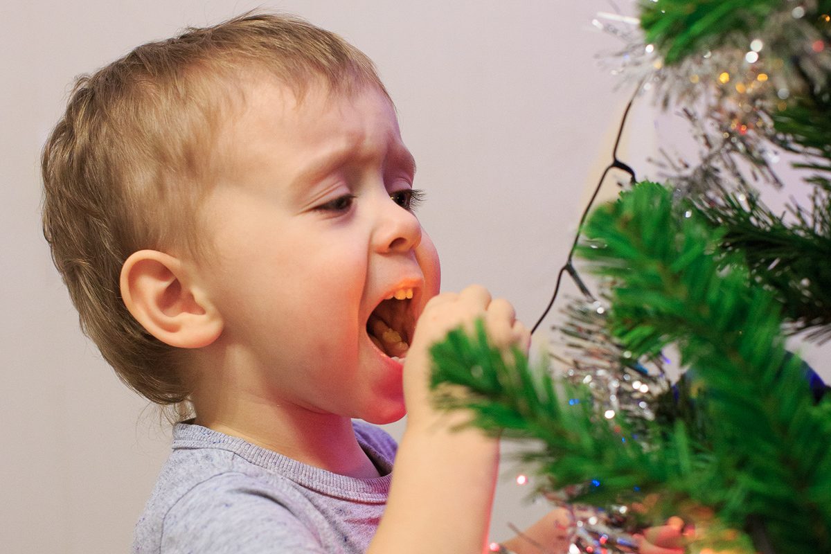 baby trying to eat bulb of christmas tree light