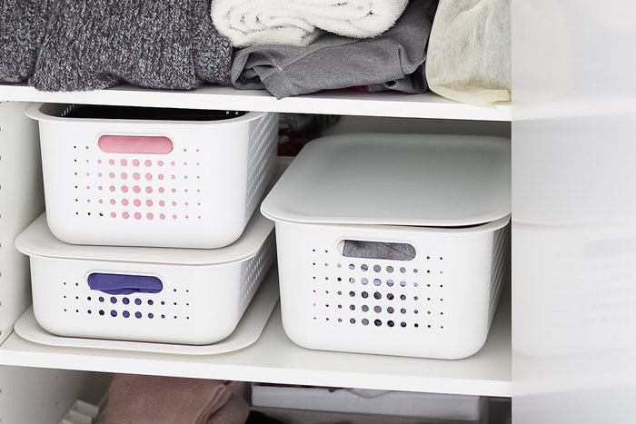 baskets in closet shelf