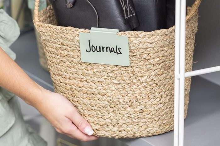 labeled basket on a shelf