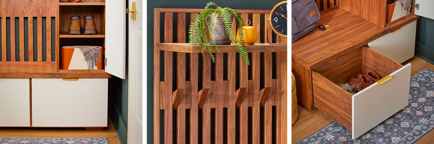 Three close up details of the diy entryway hall tree