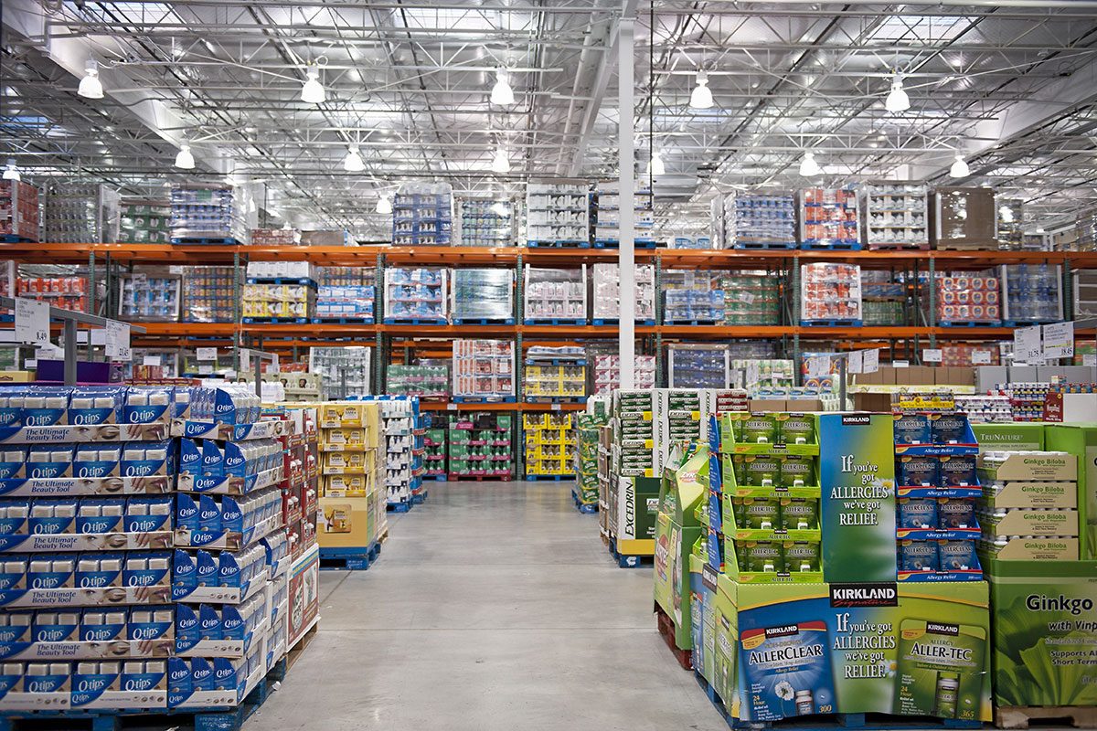 Interior of Costco wholesale shopping club retail store.