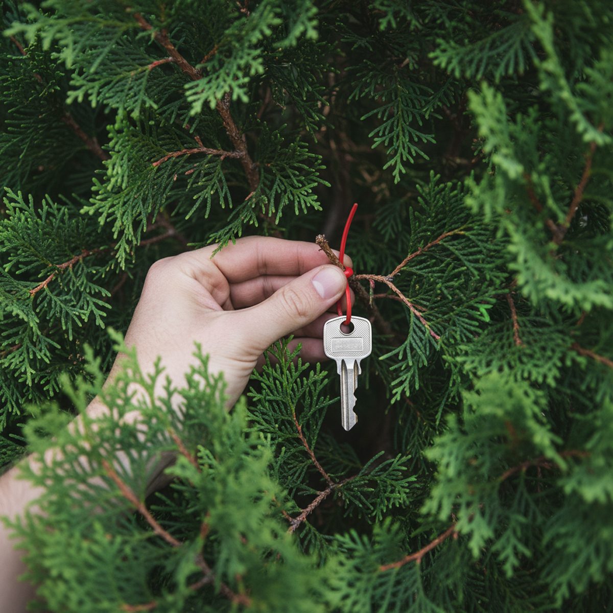 A hand is hiding a key with a red keychain on a branch among dense green foliage of a bush or tree.