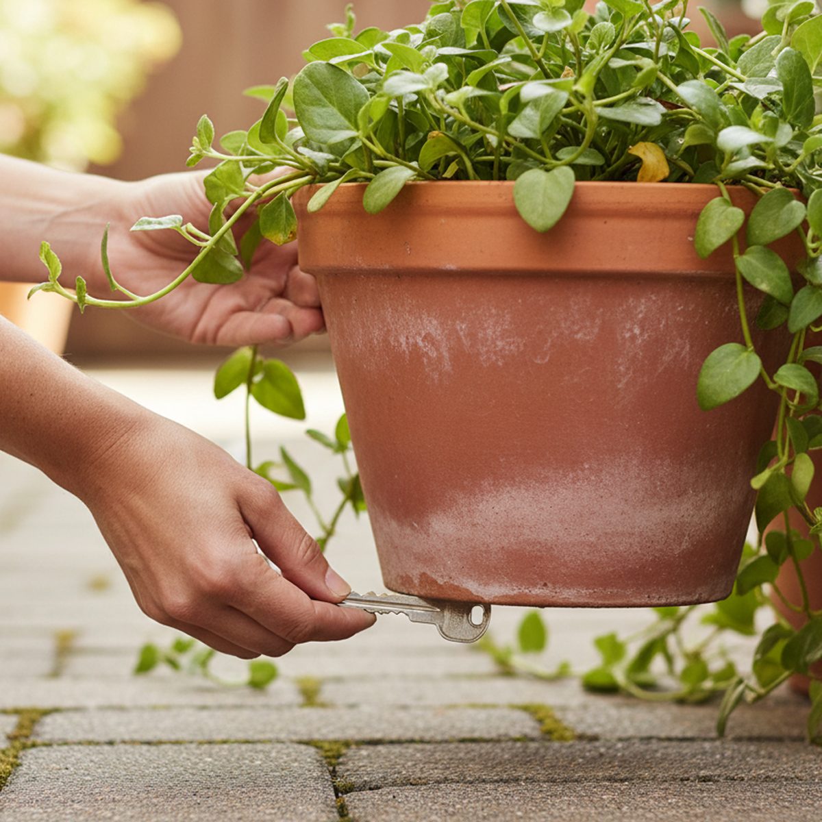A person holds a terracotta plant pot with green vines and places a small coin under its edge to lift it slightly above a paved surface.