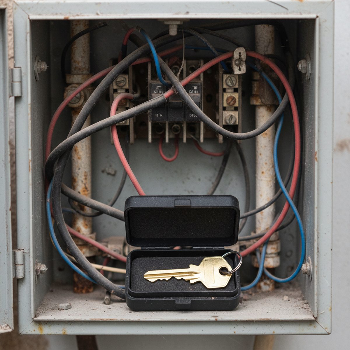 A small black box containing a key is placed inside an open electrical panel with exposed wires and terminals.