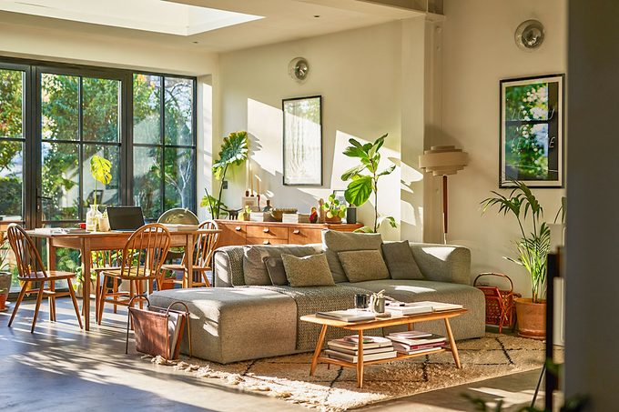 Open plan living space in residential house with natural light and retro furniture