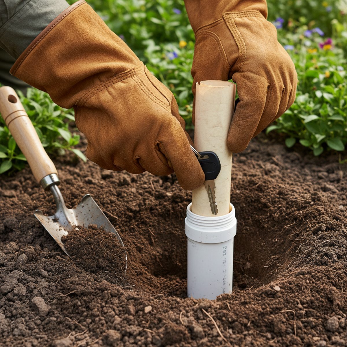 A person wearing brown gloves places a key inside a PVC pipe hidden in soil, with a small garden trowel nearby and green plants in the background.