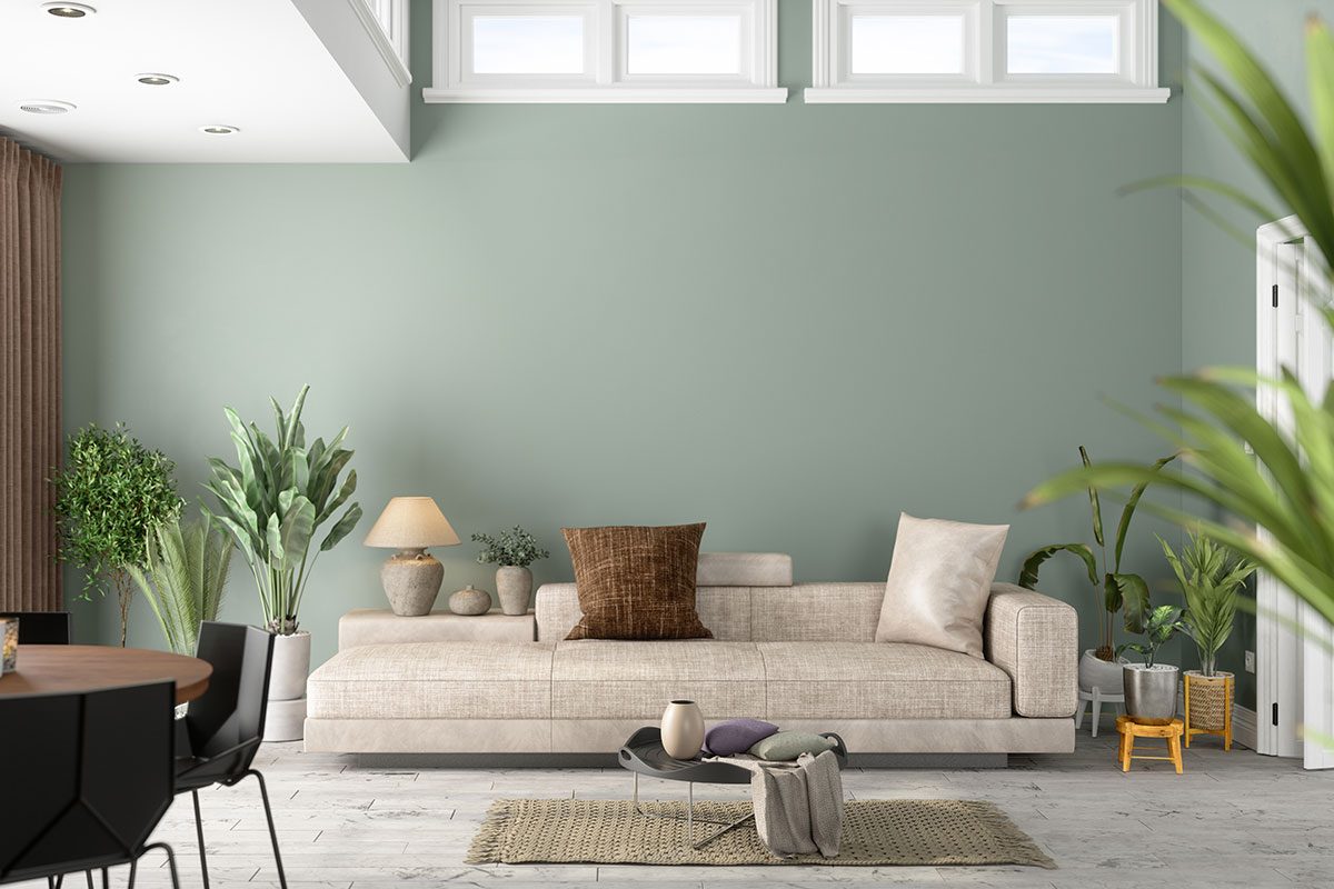 Modern Living Room Interior With Green Plants, Sofa And Green Wall Background