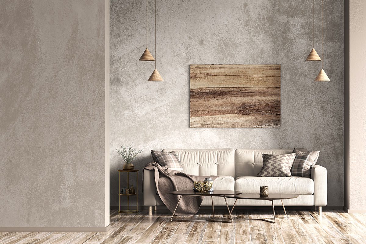 Interior design of modern apartment, beige sofa in living room, concrete stucco mock up wall, home design