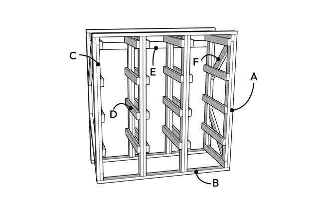 A technical art diagram of a storage rack with labels on a white background.