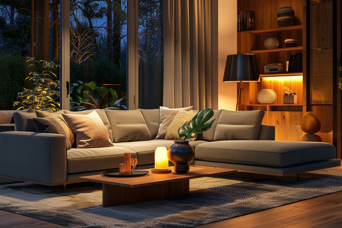 Interior of modern living room with grey sofa, wooden coffee table and glowing lamps at evening